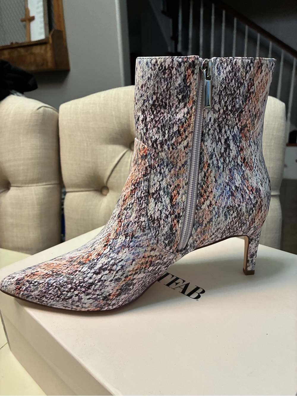 JustFab Multicolor Pointed Toe Kitten Heel Ankle Boot